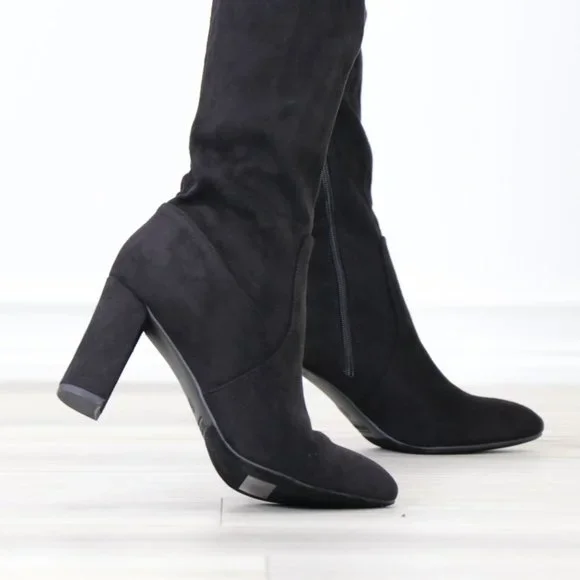 Black Thigh High Over The Knee Block High Heel Boots Pointy Toe Faux Suede - Picture 6 of 15